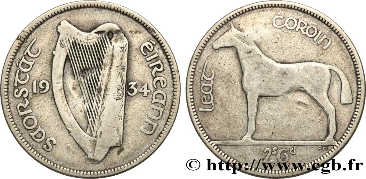 IRELAND REPUBLIC 1/2 Crown harpe / cheval 1934  VF 