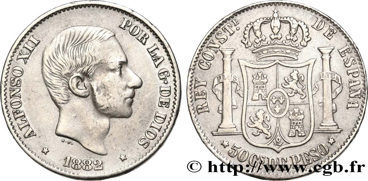 PHILIPPINES 50 Centimos de Peso Alphonse XII 1882 Manille TTB 