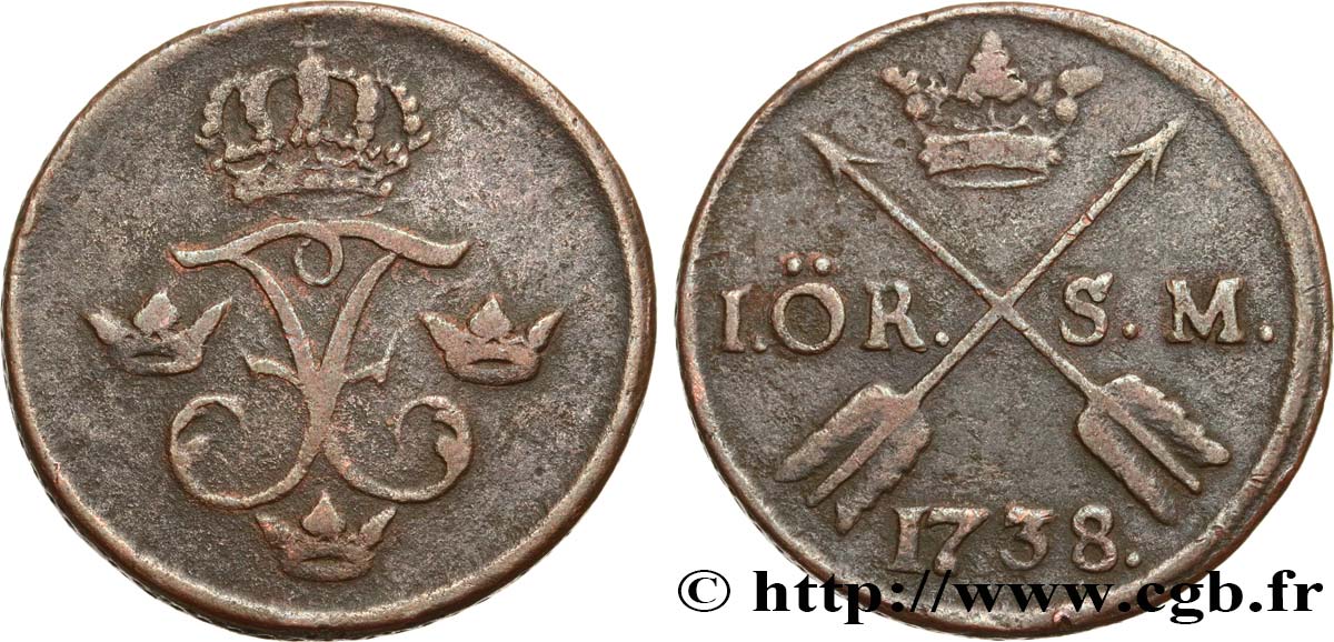 SVEZIA 1 Ore monogramme couronné du roi Frédéric Ier de Suède 1738  MB 
