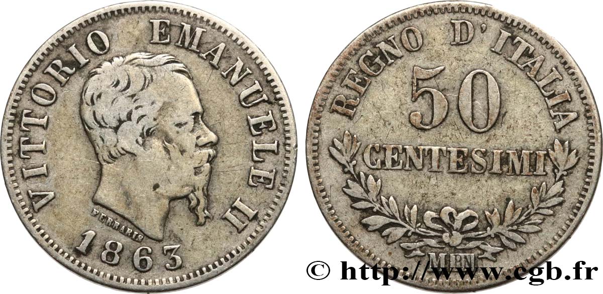ITALIE 50 Centesimi Victor Emmanuel II 1863 Milan TB 