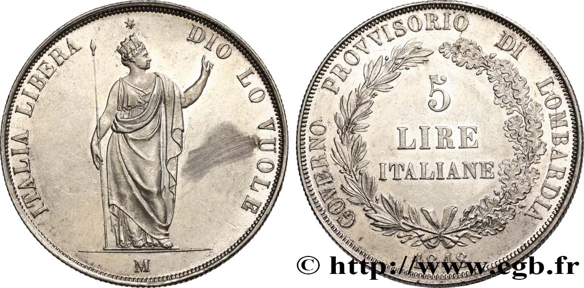 LOMBARDY - PROVISIONAL GOVERNMENT 5 Lire 1848 Milan MS 