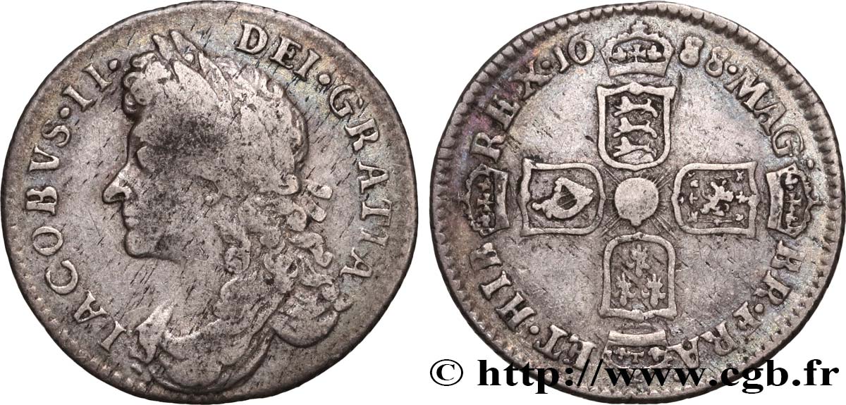 ROYAUME-UNI 6 Pence Jacques II Stuart 1688 Londres TB+ 