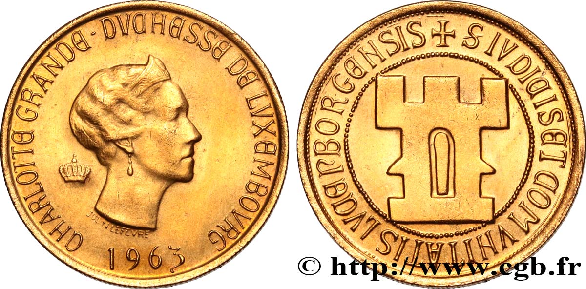 LUXEMBURG Médaille en or Grande-Duchesse Charlottte, module de 20 Francs or 1963 Bruxelles fST 