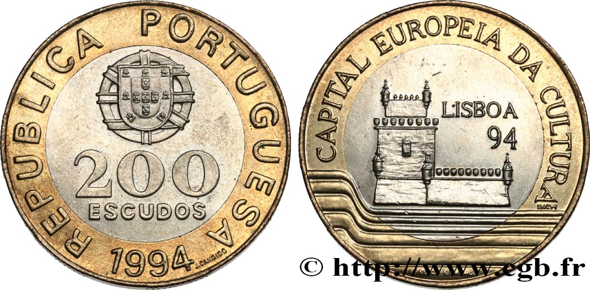 PORTOGALLO 200 Escudos “Lisbonne, capitale culturelle de l’Europe” emblème / Tour de Belém 1994  SPL 