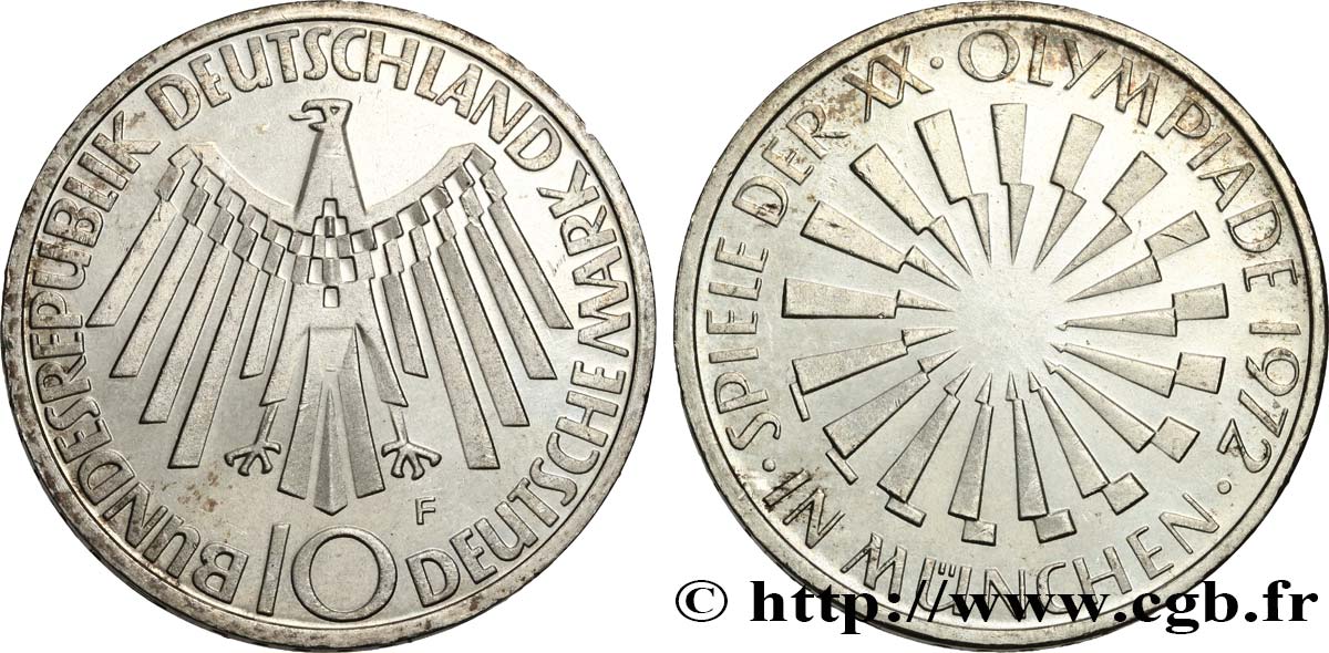 DEUTSCHLAND 10 Mark XXe J.O. Munich / aigle type “IN MÜNCHEN” 1972 Stuttgart VZ 