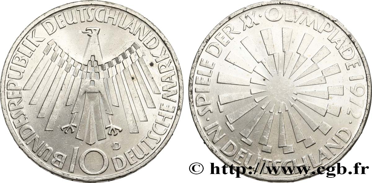ALLEMAGNE 10 Mark XXe J.O. Munich / aigle type “IN DEUTSCHLAND” 1972 Munich SUP 