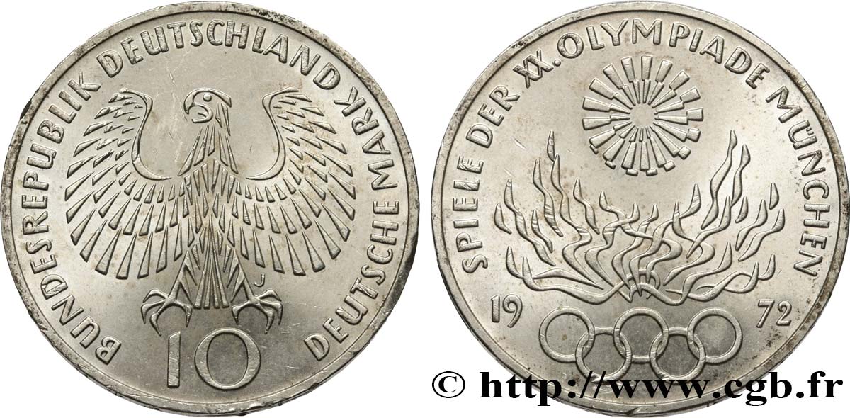 ALLEMAGNE 10 Mark / XXe J.O. Munich - Flamme olympique 1972 Hambourg SUP 