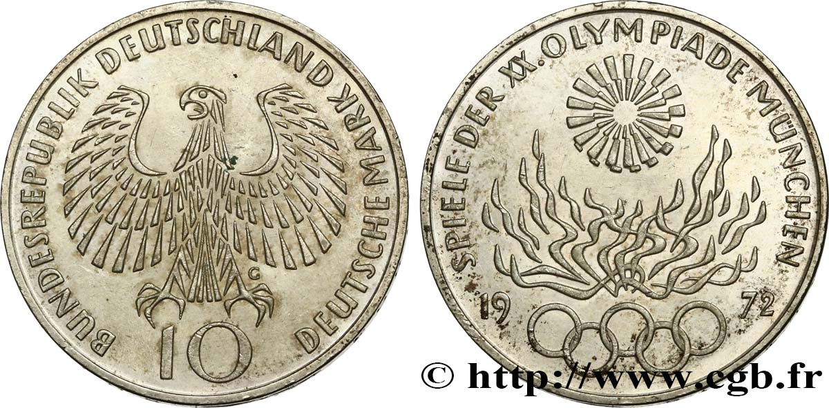 ALLEMAGNE 10 Mark XXe J.O. Munich - Flamme olympique - Proof 1972 Karlsruhe SUP 