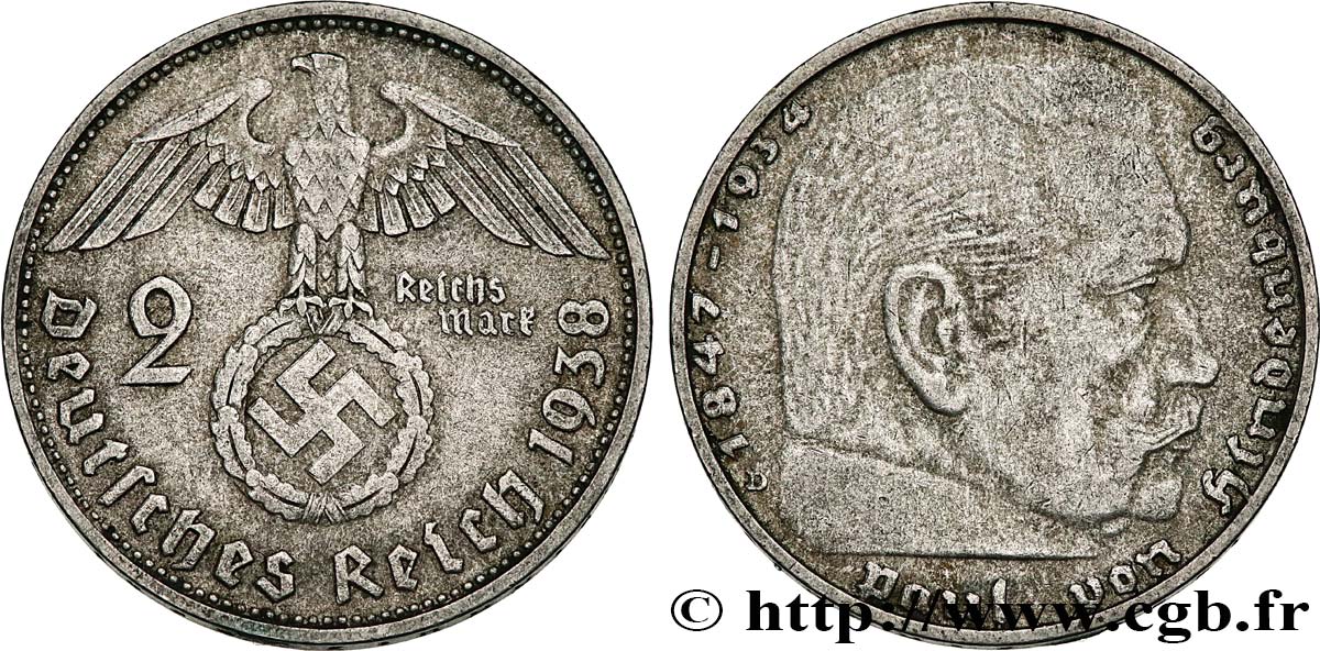 GERMANY 2 Reichsmark Maréchal Paul von Hindenburg 1938 Munich XF 