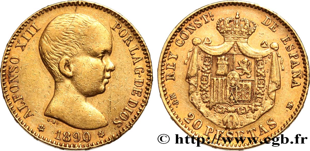 SPAIN - KINGDOM OF SPAIN - ALFONSO XIII 20 Pesetas  1890 Madrid AU/XF 