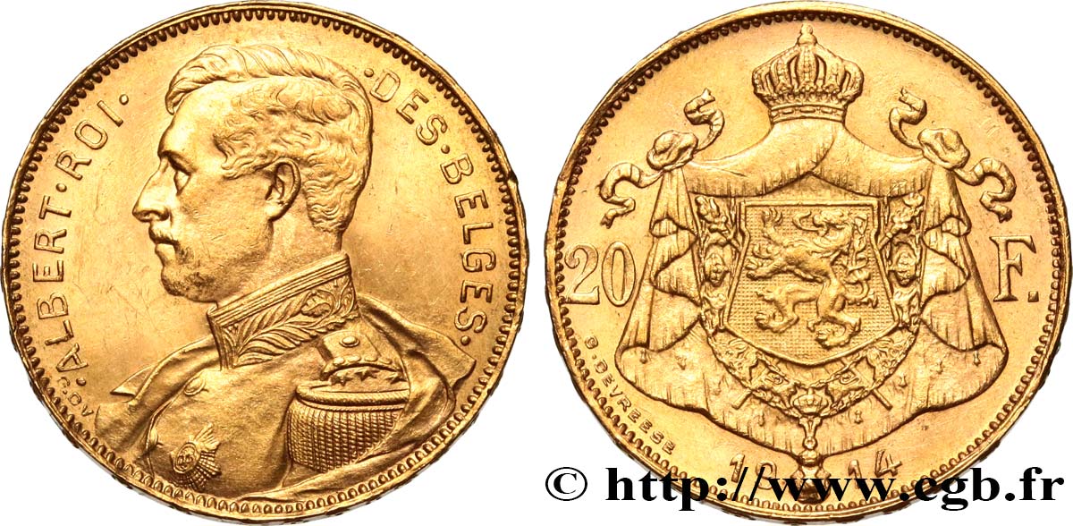 BELGIO 20 Francs Albert Ier légende française 1914  MS 