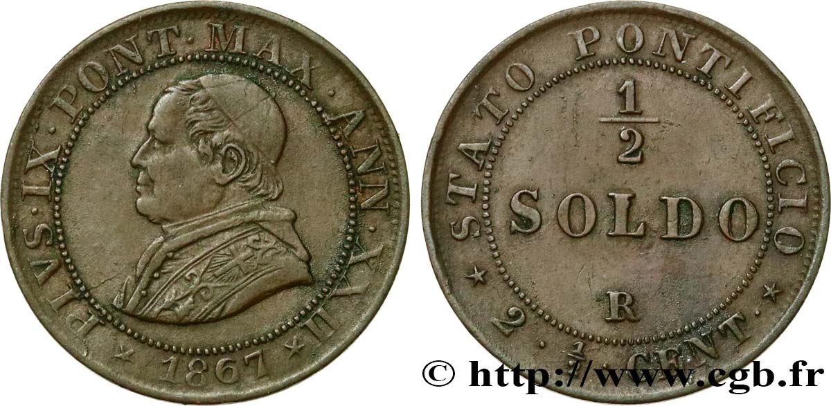 VATICAN AND PAPAL STATES 1/2 Soldo (2 1/2 centesimi) Pie IX an XXII 1867 Rome XF 