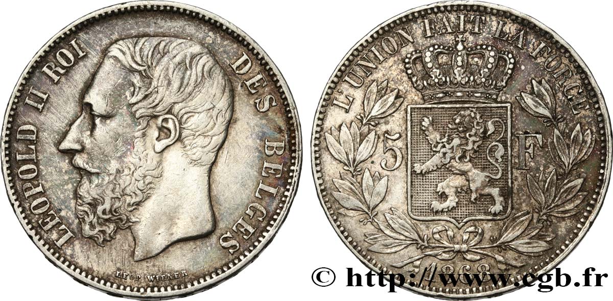 BELGIQUE 5 Francs Léopold II 1868  TTB 