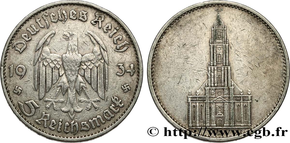 DEUTSCHLAND 5 Reichsmark église de la garnison de Potsdam 1934 Munich SS 