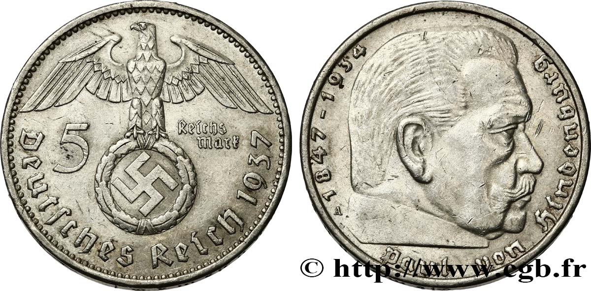 ALLEMAGNE 5 Reichsmark aigle surmontant une swastika / Maréchal Paul von Hindenburg 1937 Berlin TTB+ 