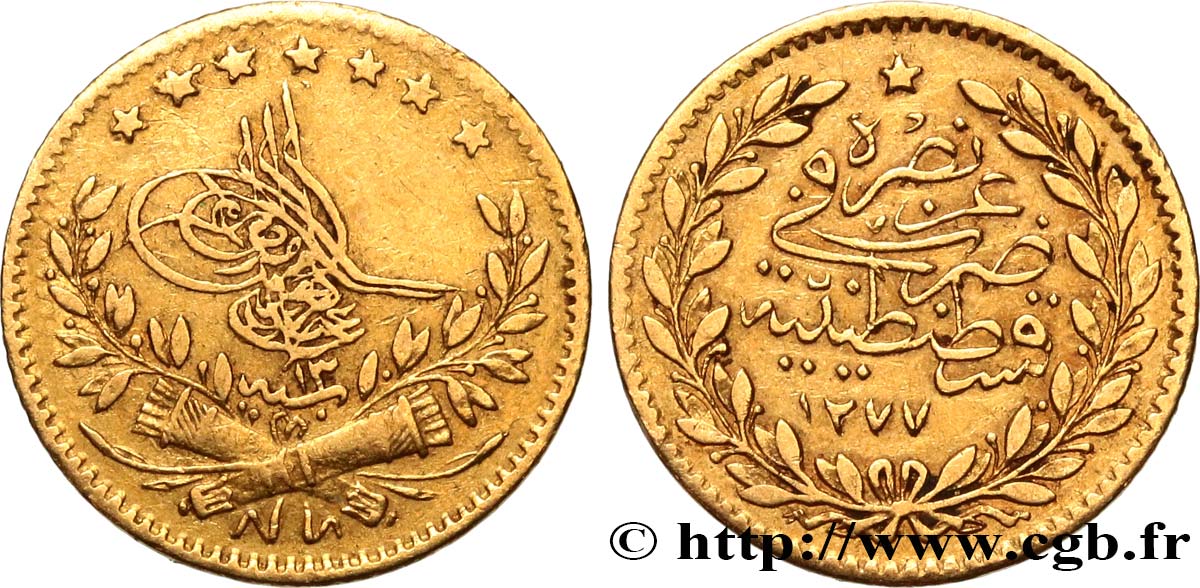 TURQUíA 25 Kurush en or Sultan Abdul Aziz AH 1277, An 13 n.d. Constantinople MBC 
