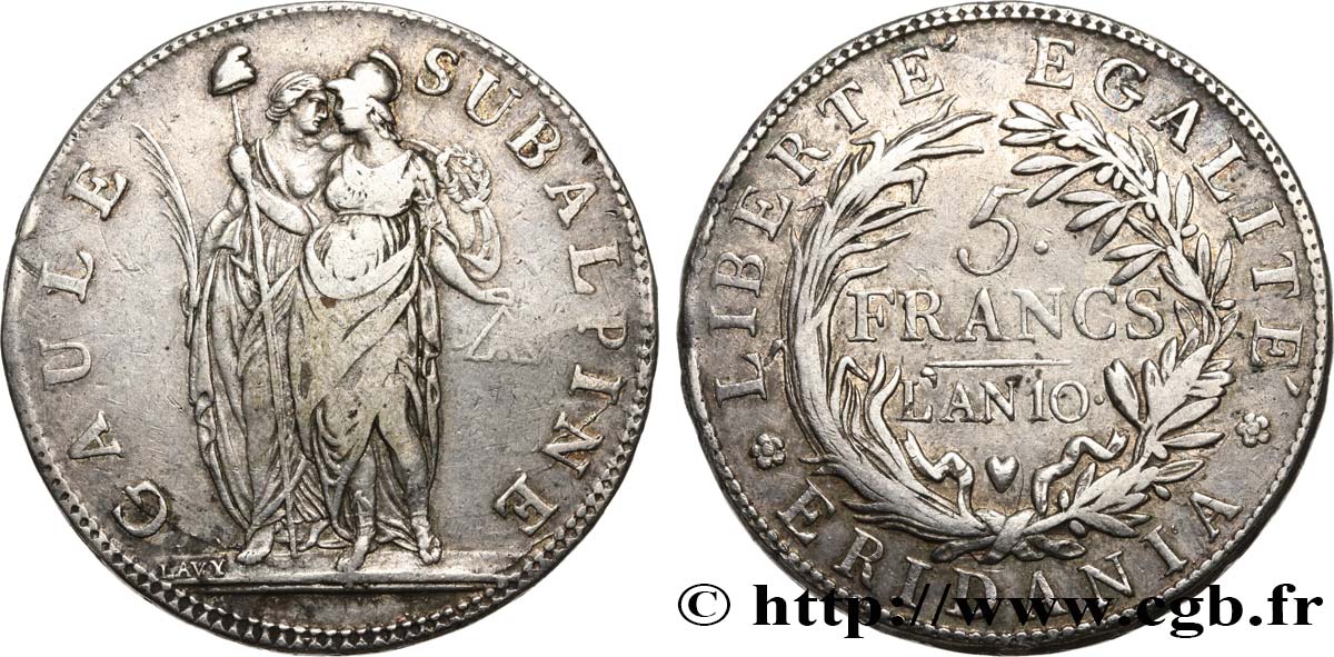 ITALIE - GAULE SUBALPINE 5 Francs an 10 1802 Turin TB+ 