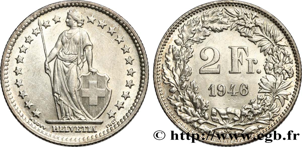 SCHWEIZ 2 Francs Helvetia 1946 Berne VZ 
