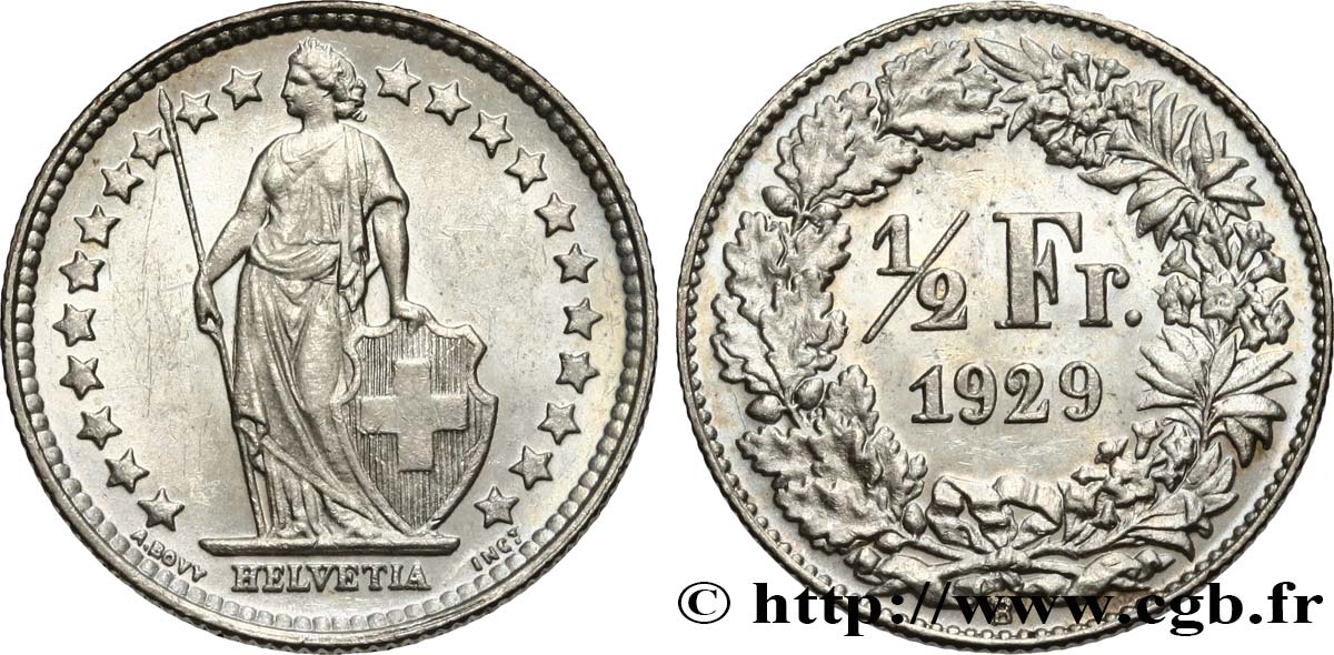 SUISSE 1/2 Franc Helvetia 1929 Berne SPL 