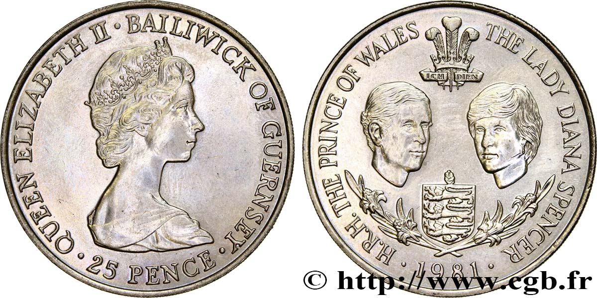 GUERNESEY 25 Pence Mariage Prince Charles et Lady Diana Spencer 1981  SUP 