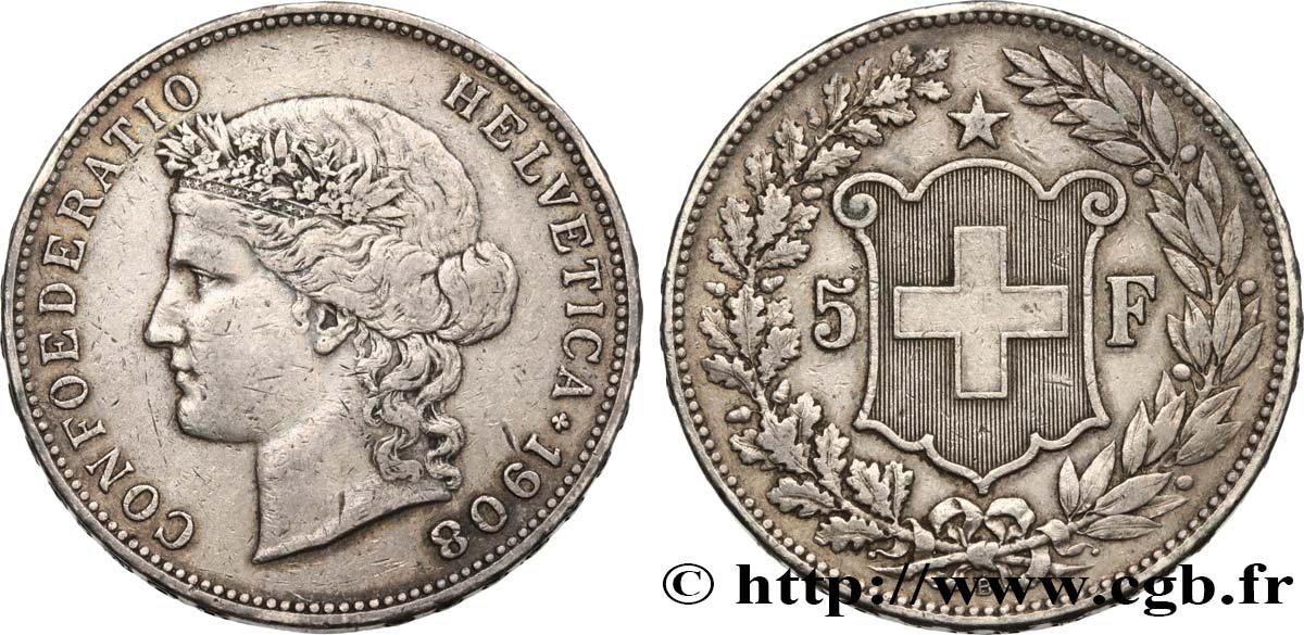 SCHWEIZ 5 Francs Helvetia 1908 Berne SS 