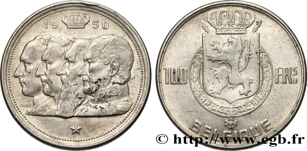 BELGIQUE 100 Francs portraits des quatre rois de Belgique, légende française 1950  SUP 