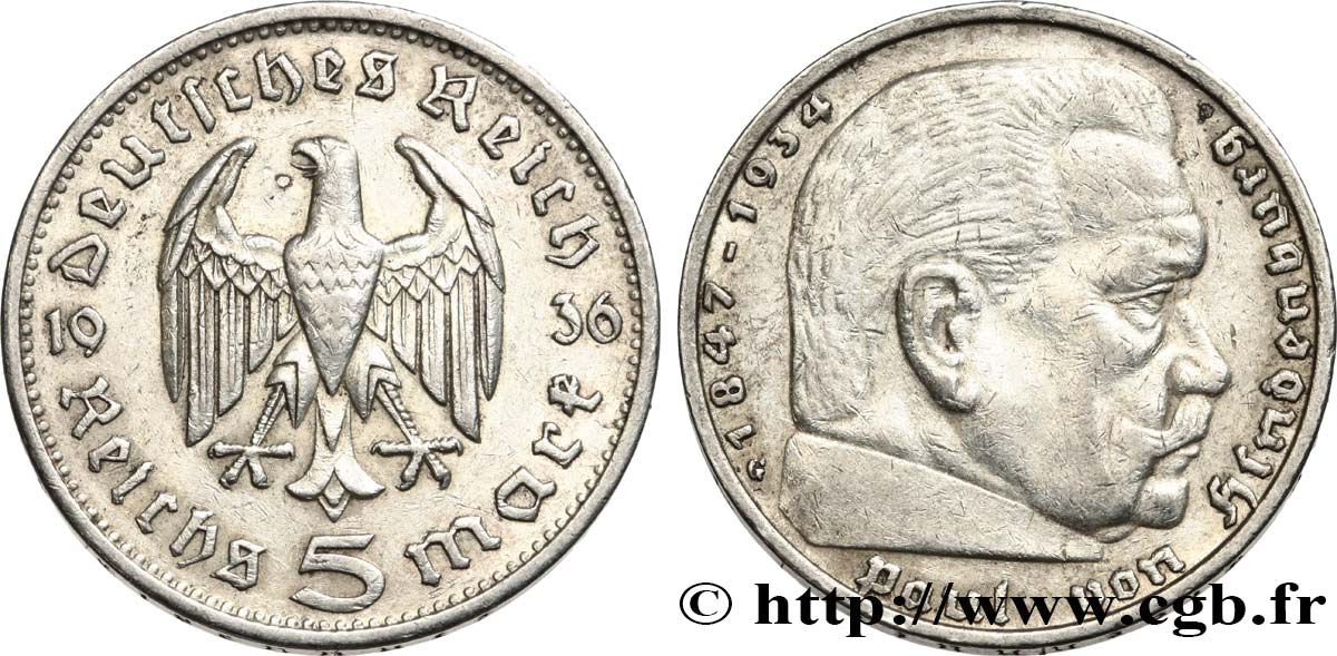 ALLEMAGNE 5 Reichsmark Maréchal Paul von Hindenburg 1936 Karlsruhe TTB 