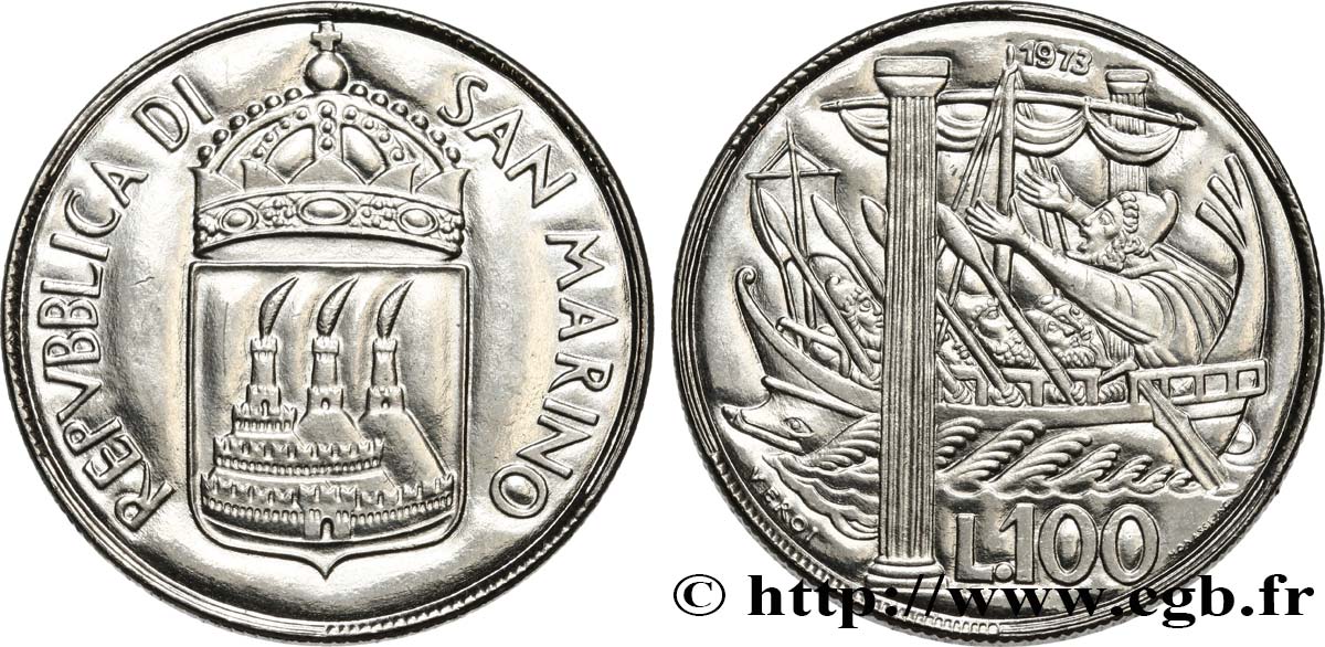 SAN MARINO 100 Lire 3 tours / Ulysse franchissant les colonnes d’Hercule 1973  MS 