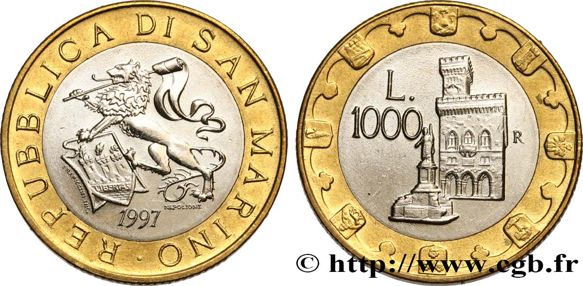 SAN MARINO 1000 Lire lion héraldique / le Palazzo Publico 1997 Rome VZ 