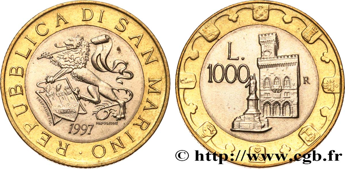 SAN MARINO 1000 Lire lion héraldique / le Palazzo Publico 1997 Rome SPL 