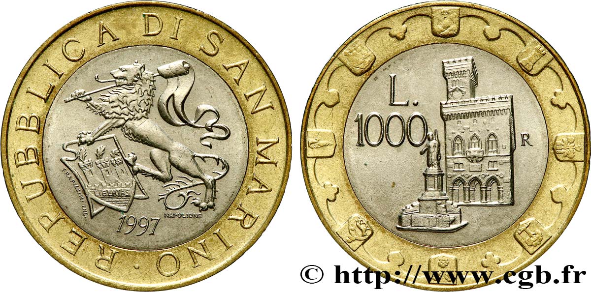 SAINT-MARIN 1000 Lire lion héraldique / le Palazzo Publico 1997 Rome SUP 