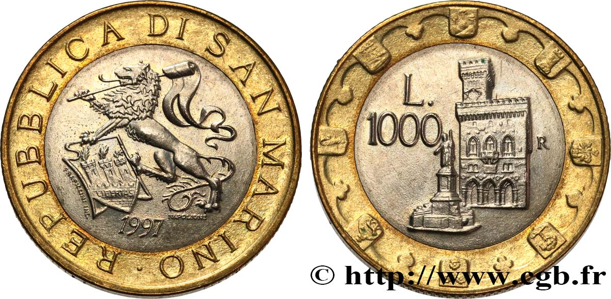SAN MARINO 1000 Lire lion héraldique / le Palazzo Publico 1997 Rome VZ 