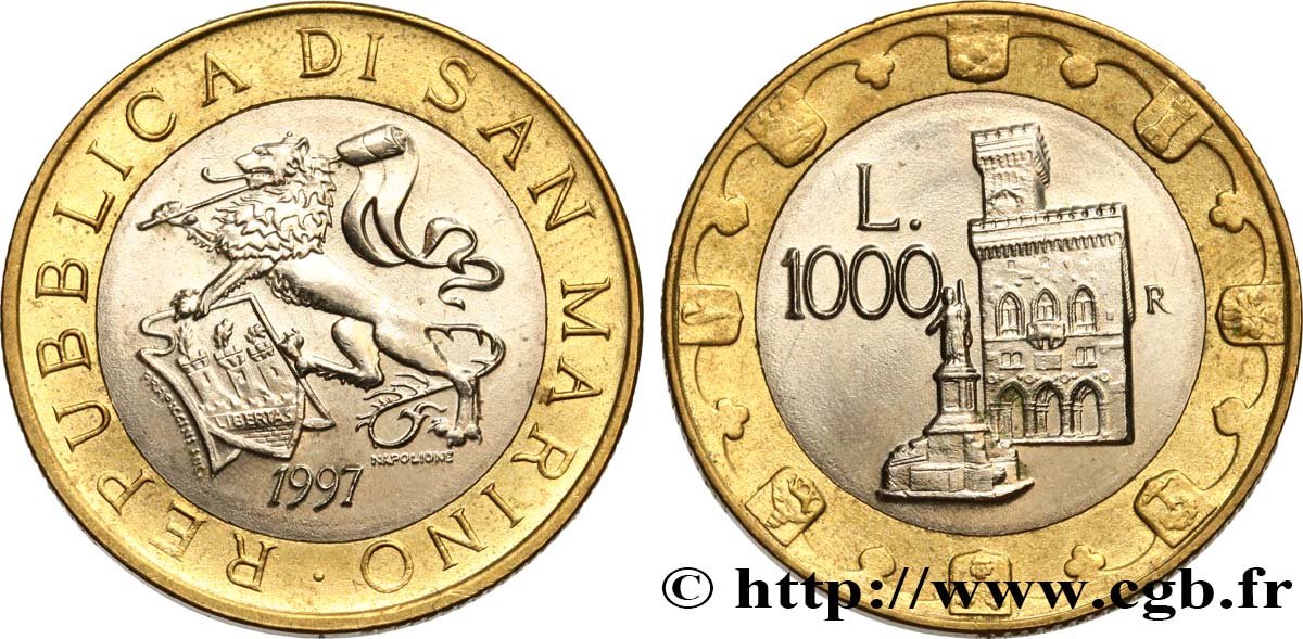 SAN MARINO 1000 Lire lion héraldique / le Palazzo Publico 1997 Rome EBC 