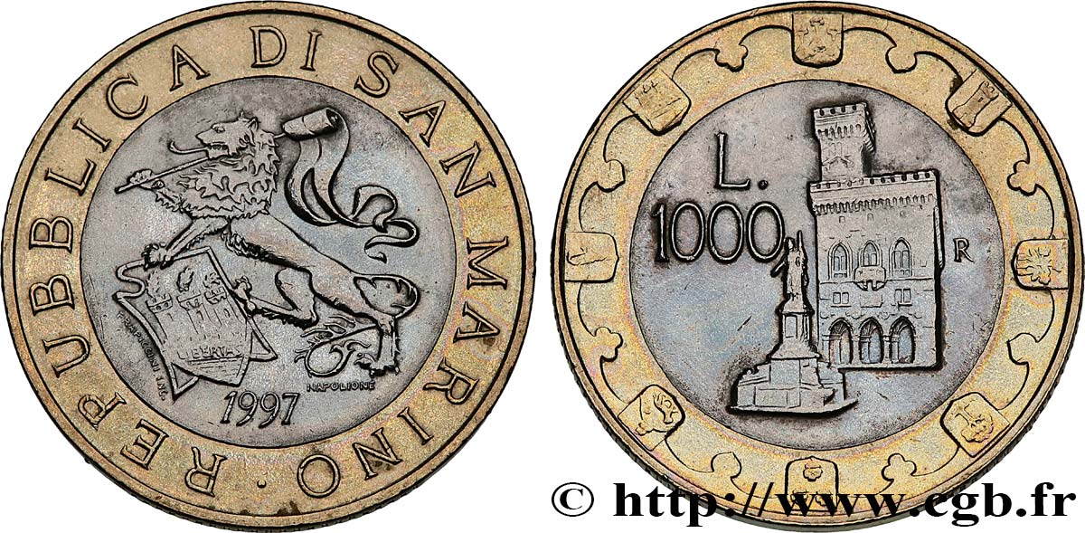 SAN MARINO 1000 Lire lion héraldique / le Palazzo Publico 1997 Rome EBC 