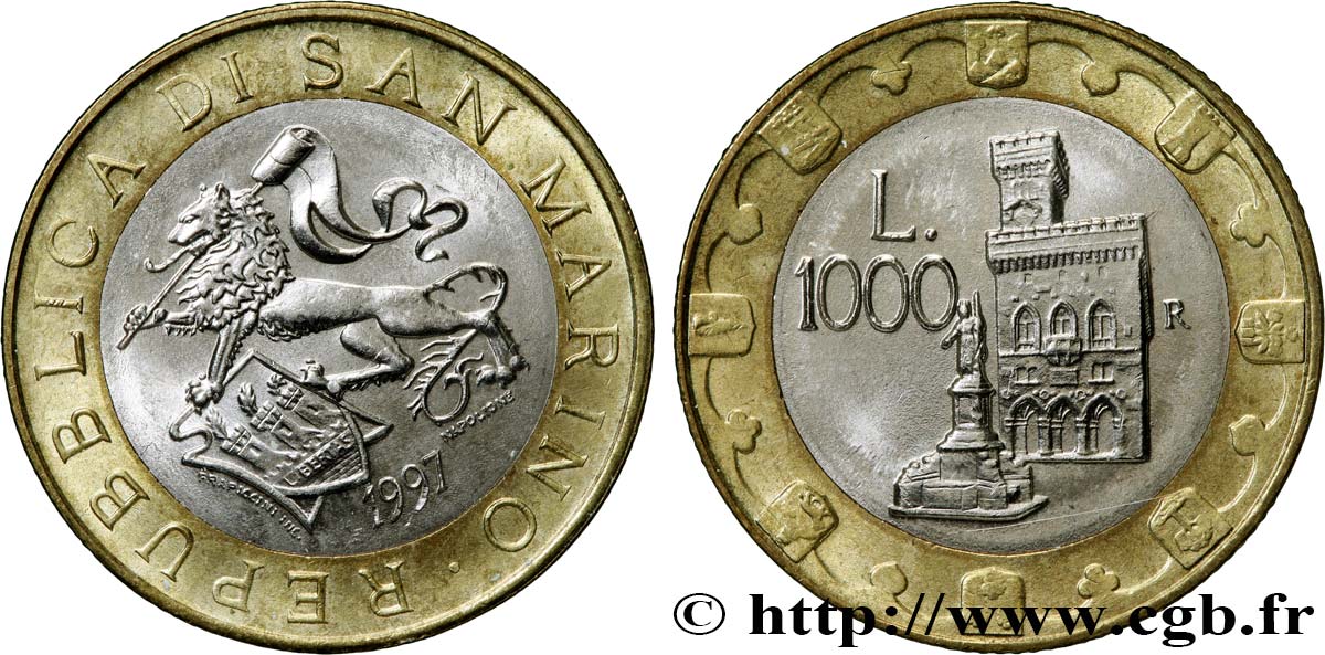 SAINT-MARIN 1000 Lire lion héraldique / le Palazzo Publico 1997 Rome SUP 