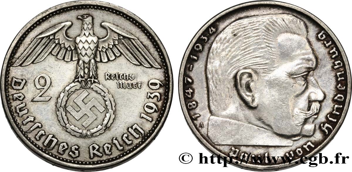ALEMANIA 2 Reichsmark aigle surmontant une swastika / Maréchal Paul von Hindenburg 1939 Berlin MBC+ 