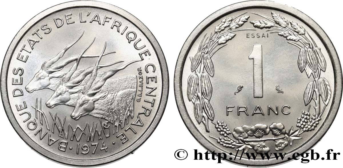 ÉTATS DE L AFRIQUE CENTRALE Essai de 1 Franc antilopes 1974 Paris SPL 