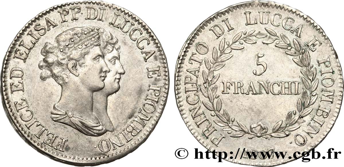 ITALIE - PRINCIPAUTÉ DE LUCQUES ET PIOMBINO - FÉLIX BACCIOCHI et ÉLISA BONAPARTE 5 Franchi 1807 Florence SUP 