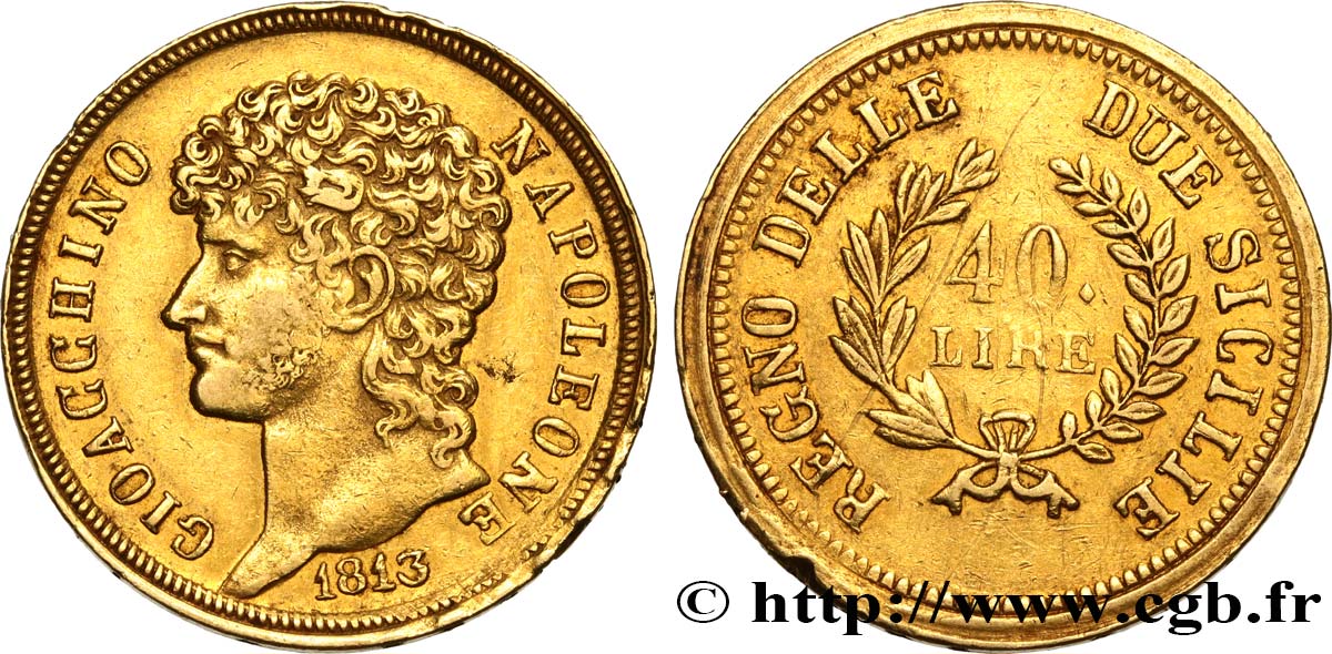 ITALIA - REGNO DI NAPOLI - GIOACCHINO MURAT 40 Lire or, rameaux longs 1813 Naples q.SPL/BB 