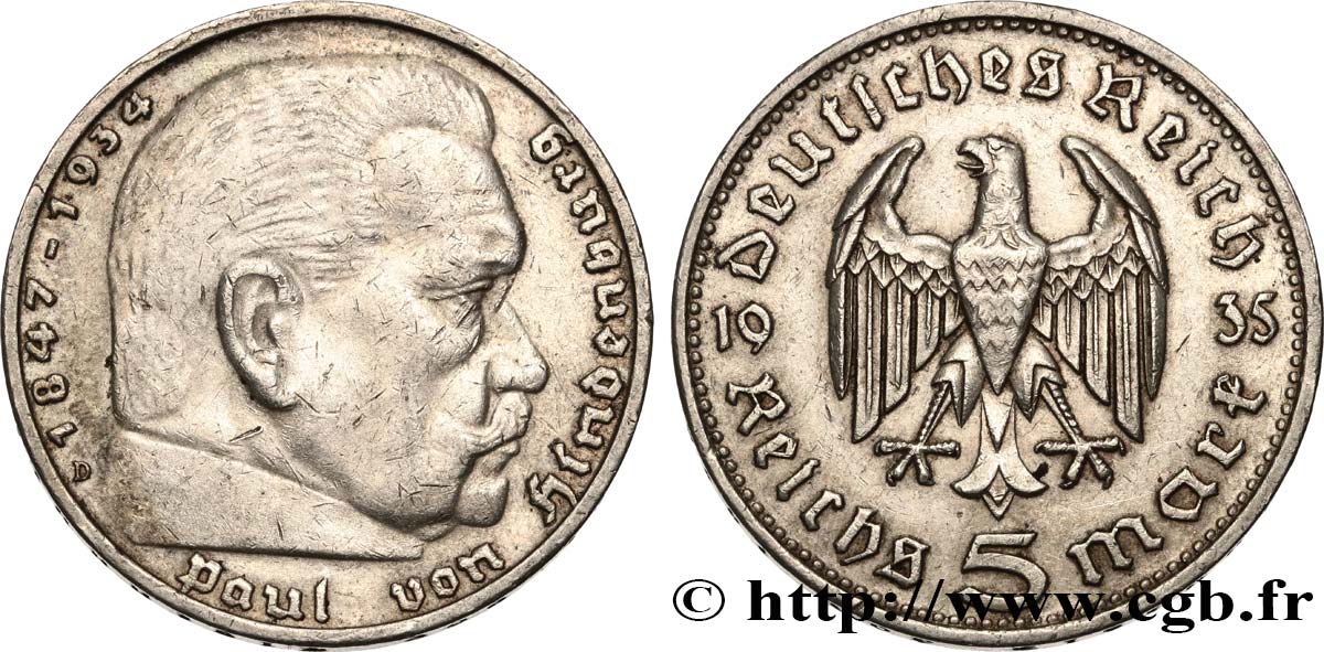 GERMANIA 5 Reichsmark Maréchal Paul von Hindenburg 1935 Munich BB 