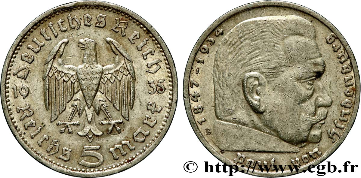 GERMANY 5 Reichsmark Maréchal Paul von Hindenburg 1935 Muldenhütten - E XF 