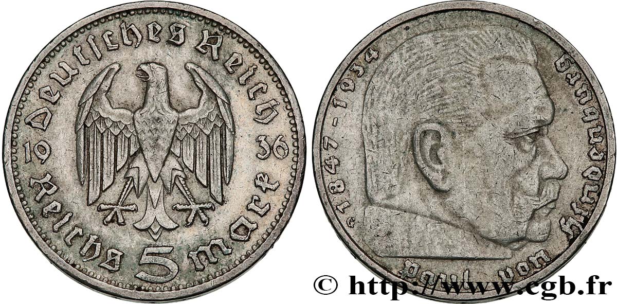GERMANY 5 Reichsmark Maréchal Paul von Hindenburg 1936 Karlsruhe XF 
