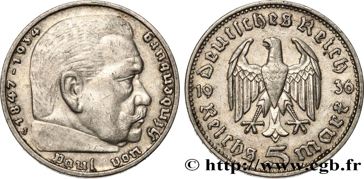 GERMANY 5 Reichsmark Maréchal Paul von Hindenburg 1936 Hambourg XF 
