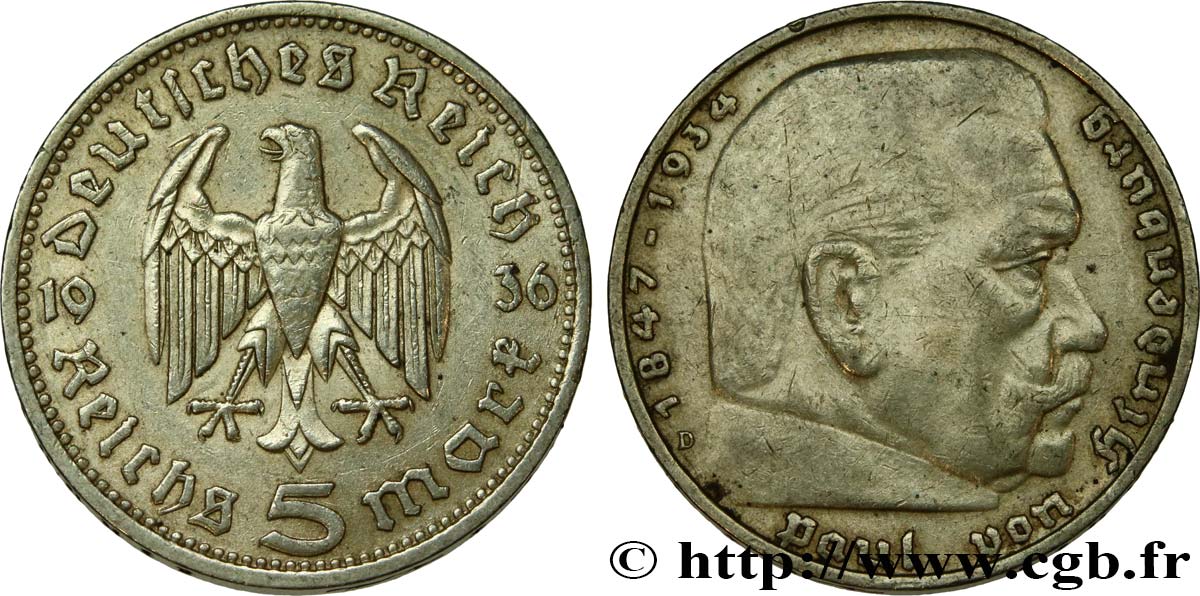GERMANIA 5 Reichsmark Maréchal Paul von Hindenburg 1936 Munich BB 