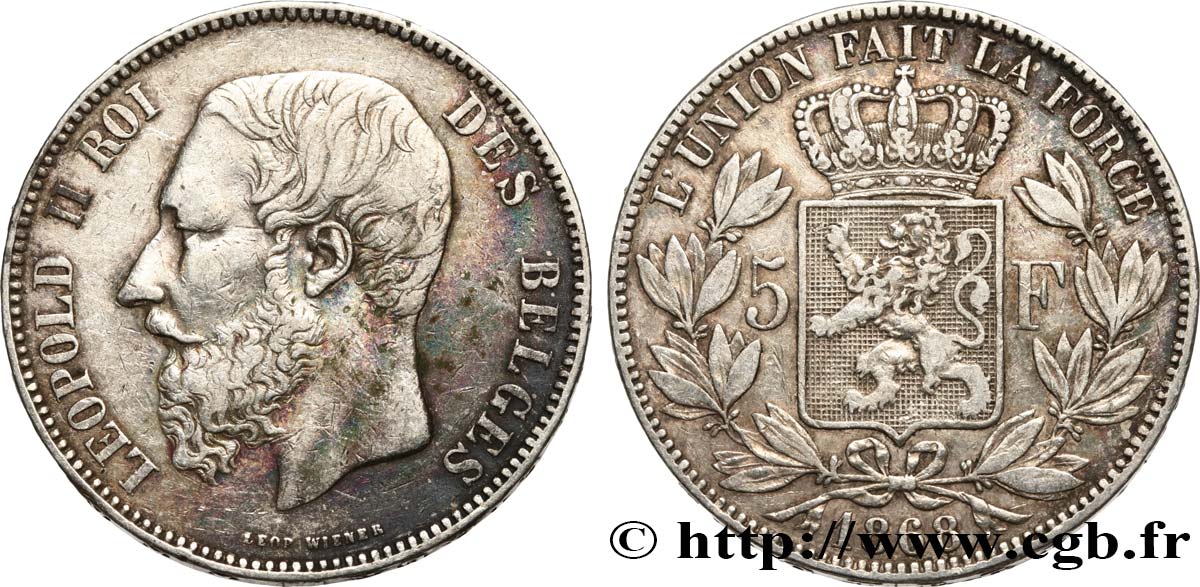 BELGIQUE 5 Francs Léopold II 1868  TB+ 