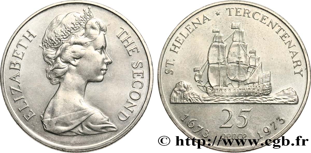 SANTA HELENA 25 Pence Elisabeth II / tricentenaire de la colonie 1973  EBC 