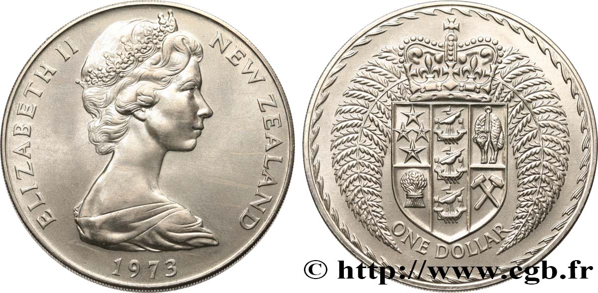 NUOVA ZELANDA
 1 Dollar Proof Elisabeth II / Emblème couronné entouré de fougères 1973  MS 