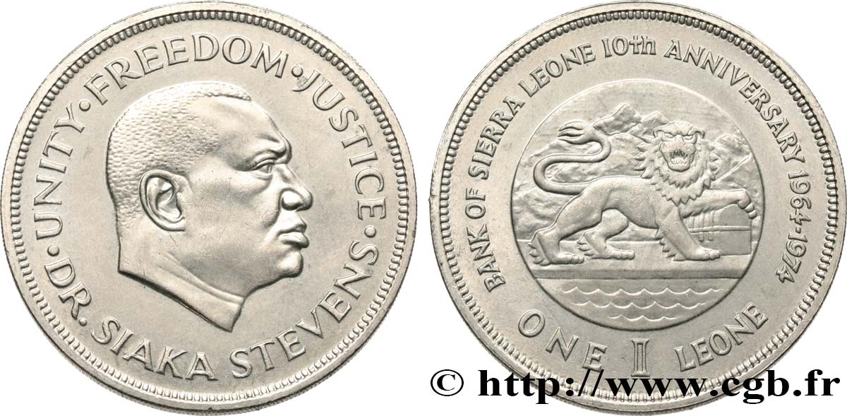 SIERRA LEONA 1 Leone 10e anniversaire de la Banque centrale de Sierra Leone 1974  EBC 