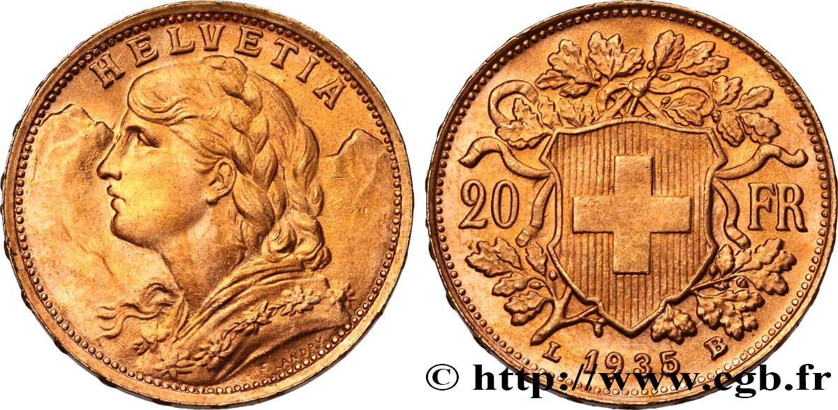 INVESTMENT GOLD 20 Francs or  Vreneli   1935 Berne fST 