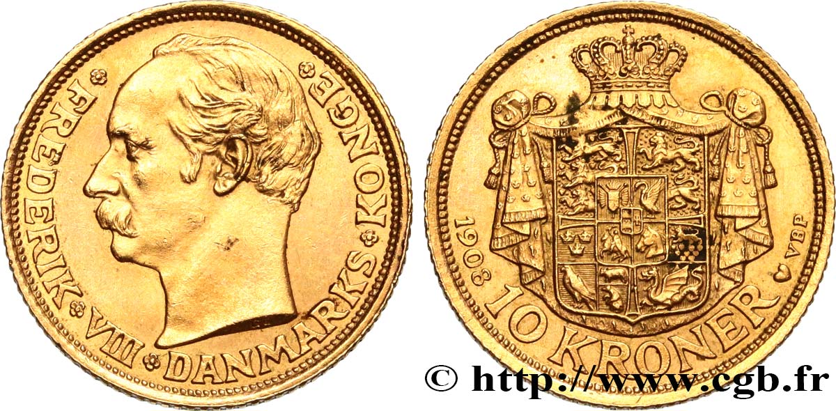DANIMARCA - REGNO DI DANIMARCA - FEDERICO VIII 10 Kroner 1908 Copenhague SPL+ 